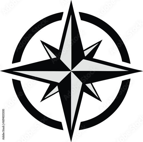 Clean modern vector of compass rose inside circular land boundary lines, professional logo.