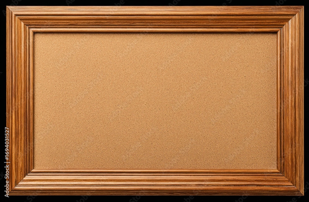 Fototapeta premium A close-up shot of a rectangular wooden frame surrounding a corkboard filling, set against a solid black background
