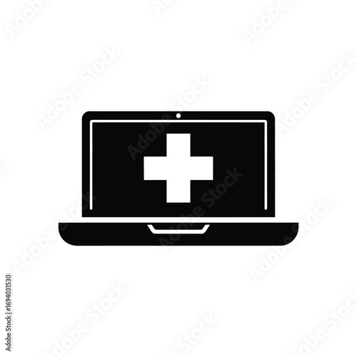 Digital Healthcare Icon Laptop with a Plus Sign Representing Online Medical Services and Support
