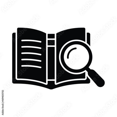 Open book with magnifying glass icon for research and study