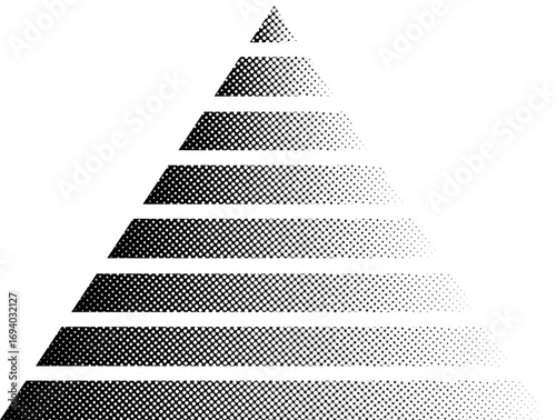 Abstract layered pyramid graphic with a black and white halftone dot pattern gradient.
