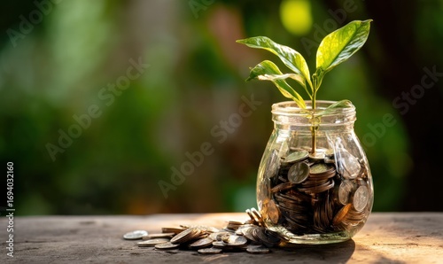 Jar overflowing with coins and a plant shoot, set against a blurred, green foliage background on a worn, neutral surface