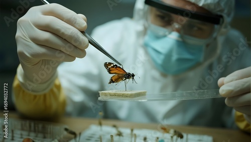 Scientist examining a butterfly in a laboratory setting