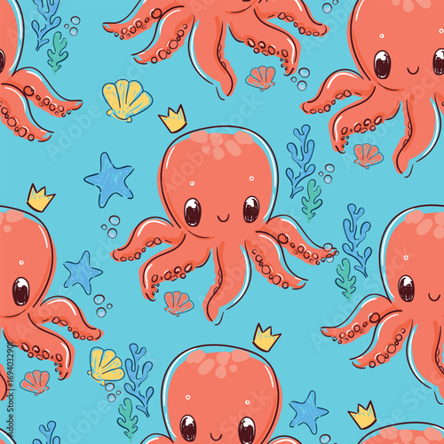 Hand Drawn Cute Cartoon Octopus Seamless Pattern Vector
