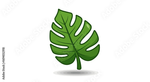 A vibrant green cartoon Monstera leaf illustration with a bold dark outline and simple shading.