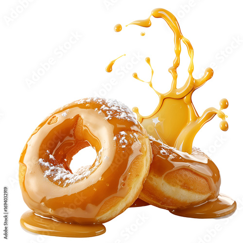 Delicious caramel glazed donuts with sweet syrup splash