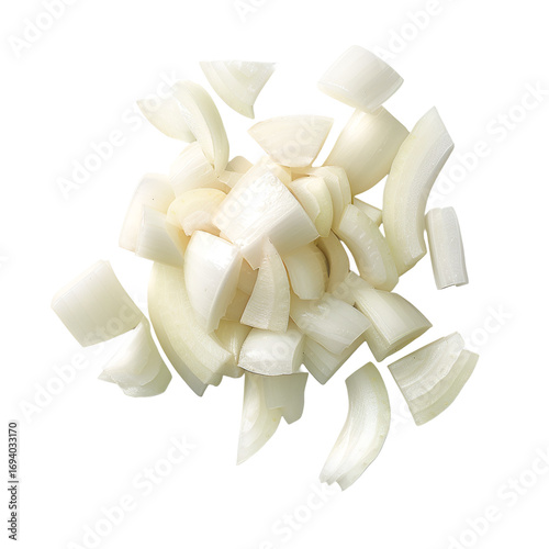 Chopped white onion pieces isolated on white