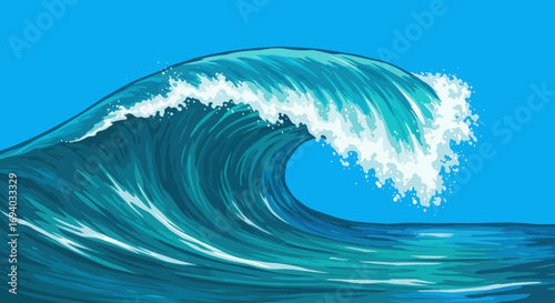 Dynamic Ocean Wave with White Foam Cresting Against a Blue Sky