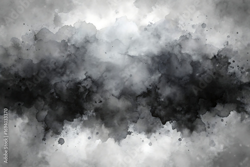 Dramatic black watercolor painting with a central dark cloud formation, creating a striking contrast against a lighter, textured background, evoking depth and mystery