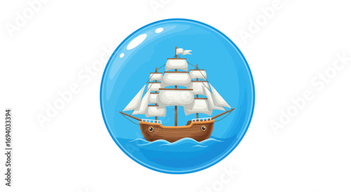 Wooden Sailing Ship with White Sails in a Blue Orb