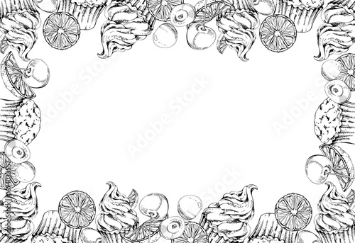 Cupcakes and muffins crowned with candied orange slices, cherries, and whipped cream swirls. Isolated illustration hand drawn in vector ink. Bakery frame graphics, food magazine border, tea room menu.