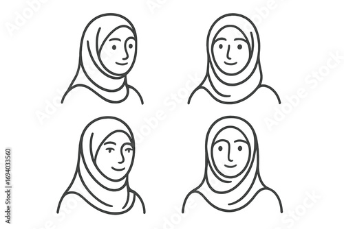 Set of Muslim women in hijab line art icons. Female avatars collection. Minimalist portraits of diverse Arabic girls. Modern vector for user profile, logo, social media.