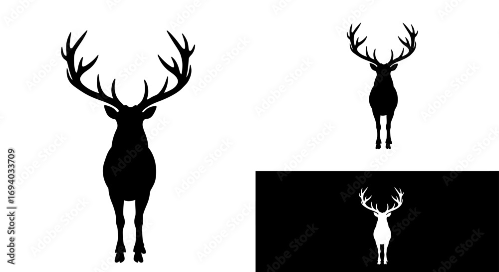 Monochrome vector silhouette of a majestic stag with large, branching antlers, standing frontally.
