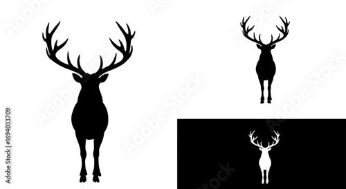 Monochrome vector silhouette of a majestic stag with large, branching antlers, standing frontally.