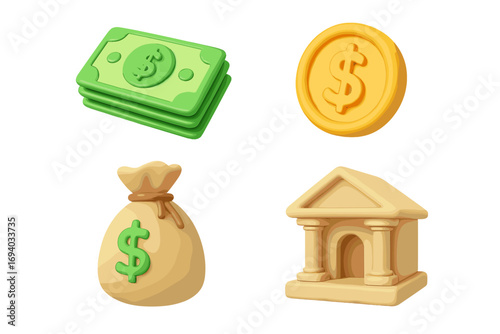 3D finance money icon collection. Cartoon bank, dollar cash, gold coin, money bag vector set. Business, saving, investment, payment, economy, banking web assets design.