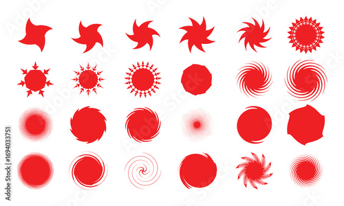 This red abstract shape collection features unique swirl, spiral, blur, and sunburst icons, perfect for logo design, digital art, backgrounds, motion graphics, branding, and creative projects. 