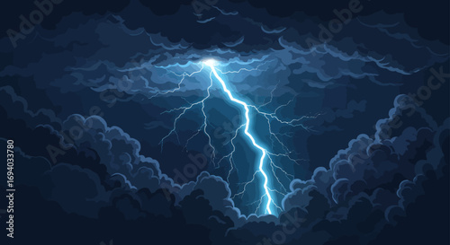 Dramatic Blue Lightning Bolt Striking Through Dark Storm Clouds