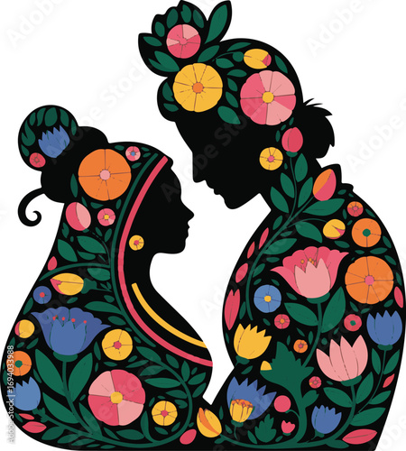 Floral Silhouette of Indian Couple in Traditional Attire with Flowers