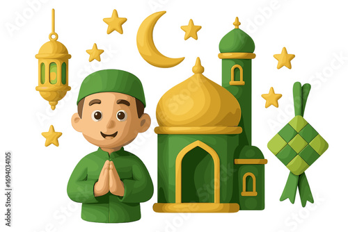 3D cartoon icon set for Islamic celebration. Eid Mubarak and Ramadan Kareem design elements. Cute Muslim boy, mosque, lantern, ketupat, moon. Vector illustration for social media.