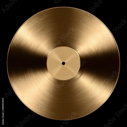 Gleaming gold record, reflective surface, circular form, central spindle hole, set against a stark black backdrop