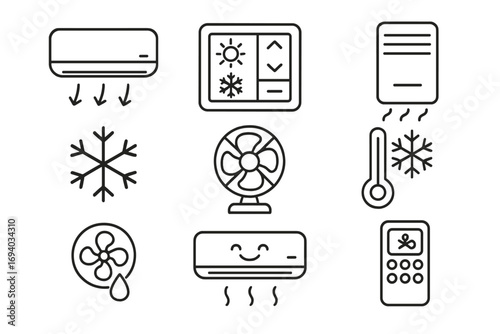 Air conditioning icon set for climate control. Line art symbols for cooling, heating, ventilation, fan, thermostat, temperature, and hvac. For UI UX design and apps. Editable stroke.
