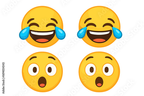 Vector set of laughing with tears and wow face emojis. Cartoon emoticon collection for social media. Isolated illustration of emotional funny, happy, and surprised expressions.