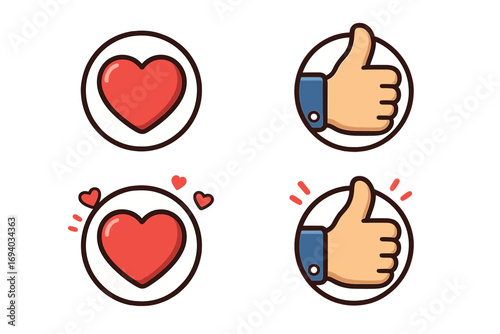 Social media like and love icon set. Vector cartoon illustration of heart and thumbs up buttons. Animated reaction for feedback, web, and apps. Emotion symbol collection.