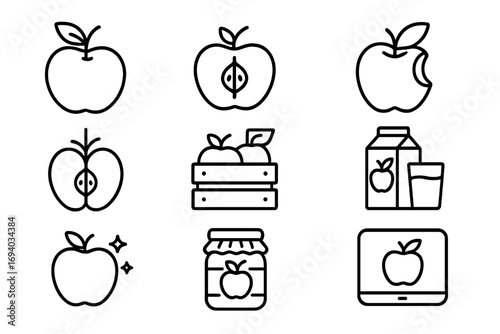 Apple fruit line icon set. Fresh harvest, juice, jam symbols. Healthy organic food concept. Vector outline pictogram collection for web, app, UI, UX. Editable stroke.