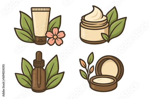 Natural cosmetics icon set. Organic skincare beauty products. Vector cartoon illustration of cream tube, serum bottle, face powder, and jar. Herbal spa treatment logos.