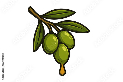 Olive branch with green olives and a dripping drop of extra virgin oil. Vector logo for organic food, Mediterranean diet, or cosmetic product packaging. Cartoon illustration.