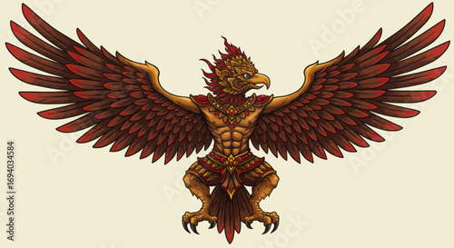 Majestic Garuda Illustration with Detailed Feathers and Ornamentation