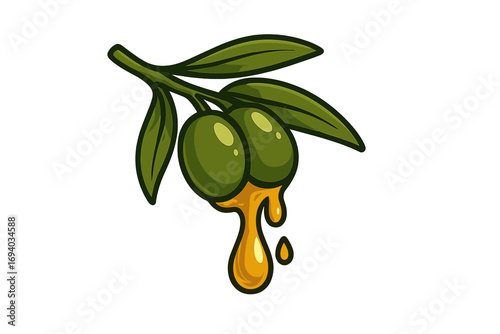 Dripping olive oil from a green olive branch. Vector cartoon logo for natural food products. Symbol of a healthy Mediterranean diet and extra virgin cooking oil illustration.
