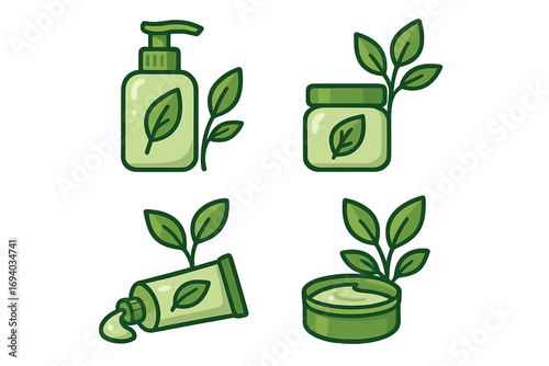 Set of natural cosmetic icons. Organic skincare product packaging. Eco friendly beauty concept. Vector illustration of cream tube, lotion bottle, and balm jar with green leaf.