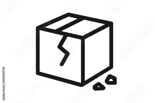 Broken box icon, damaged package symbol. Fragile cargo, shipping problem, delivery error concept. Return parcel, defective order. Handle with care pictogram. Simple vector line art.