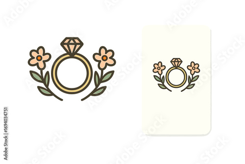 Jewelry logo with floral design, diamond ring, and flowers. Minimal vector icon for branding, business card. Elegant concept for boutique, wedding, gemologist, or luxury brand.