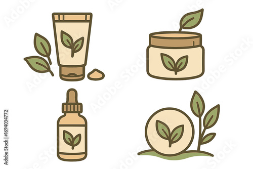 Set of natural organic cosmetic icons. Skincare product collection with leaf logo. Vector illustration of a cream tube, jar, serum dropper bottle and soap. Eco friendly beauty concept.