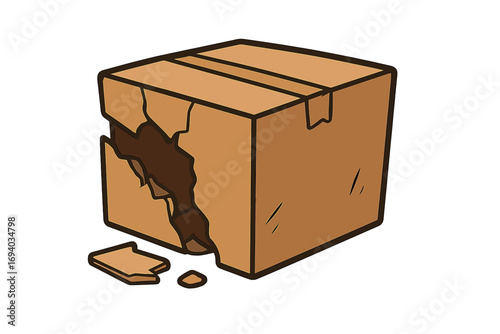 Broken cardboard box vector illustration. Damaged package icon for fragile delivery. Smashed parcel from shipping accident. Concept for poor handling, logistics failure.