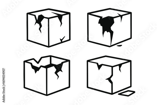Broken box line icon set. Damaged package, cracked carton vector symbols. Fragile shipping, delivery problem concept. Destroyed container pictogram collection for web.