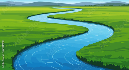 Serpentine Blue River Flowing Through Lush Green Meadow