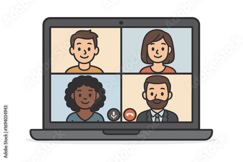 Group video conference call on laptop screen. Diverse people in an online meeting. Remote work, team collaboration, and virtual communication. Vector cartoon user interface.