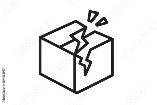 Broken box icon for damaged goods and package returns. Fragile delivery problem concept. Shipping error, defect or warranty claim symbol. Minimal vector line art illustration.