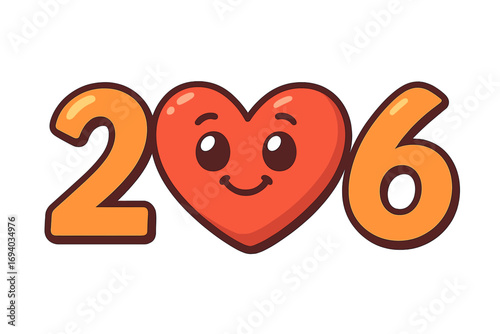 Happy New Year 2026 greeting card design with a cute heart character. Kawaii love emoji mascot for the year 2026 celebration. Vector logo illustration on isolated background.