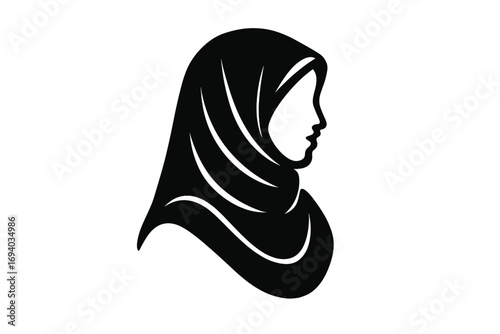 Islamic woman silhouette wearing hijab. Muslim female profile logo icon. Vector illustration for modest fashion brand or Arab beauty concept. Black and white portrait design.