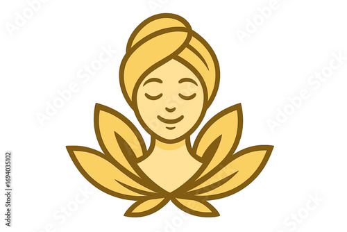 Beautiful woman face logo for spa, beauty salon, cosmetic. Wellness, health, and skincare concept. Female head with towel in leaves. Natural therapy and relaxation vector icon.