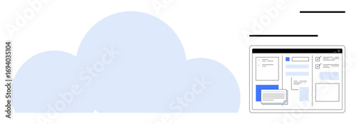 Large cloud graphic beside a webpage interface with document layouts and a comment box. Ideal for technology, data storage, collaboration, communication, remote work, cloud applications, simple flat