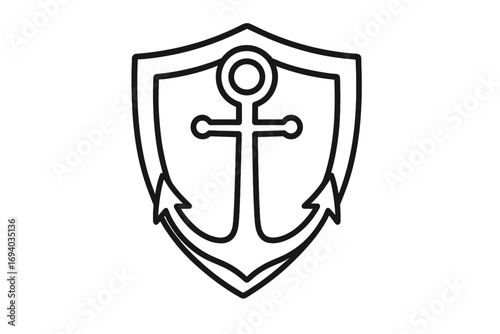 Anchor and shield line icon for security and stability. Symbol of protection, safety, and a secure harbor. Vector logo for maritime, naval, or business branding concepts.