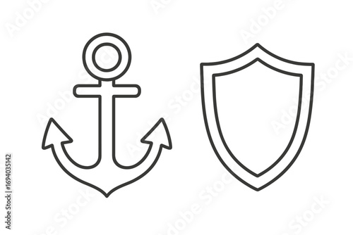 Anchor and shield line icon set. A powerful metaphor for security, safety, and stability. Nautical protection symbol. Vector illustration perfect for marine, naval, or business branding.