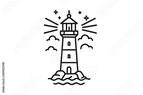 Lighthouse line art logo design. Vector icon of a beacon tower on coastal rocks with sea waves. Marine nautical symbol for travel, safety, guidance, and hope concept.