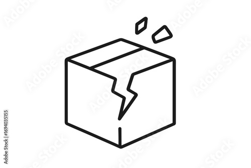 Broken box icon for shipping damage. Damaged parcel and fragile package concept. Cracked delivery container. Return, logistics problem or error symbol. Vector line art.