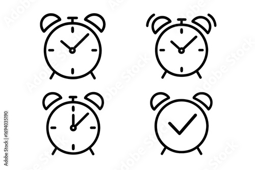 Alarm clock line icon set. Time management, deadline, and schedule concept. Simple symbols for web and app design. Wake up, reminder, notification, timer vector icons.